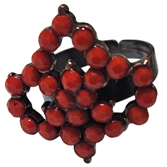 Vintage Red Beaded Ring Copper Tone Adjustable Geometric Design Retro Fashion - Picture 1 of 4
